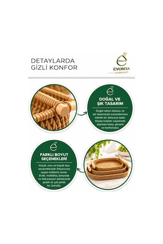 Evonıta Rattan Sunum Tepsisi Hasır Görünümlü Kulplu Servis Sepeti Kahvaltılık Ekmeklik Meyvelik Dekoratif Tepsi