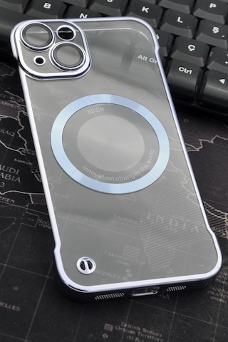 Apple Uyumlu iPhone 13 Uyumlu Mavi Renkli İnce Kenarlı Şeffaf Sert Kapak Kılıf Mavi -