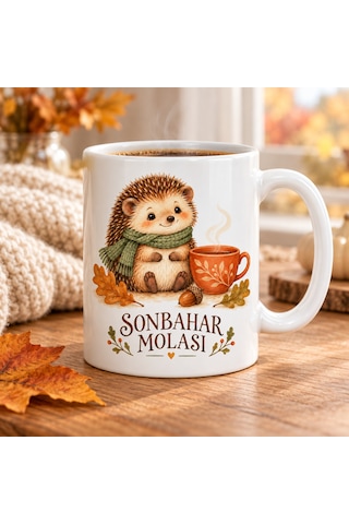 Sonbahar Molası Kirpi Tasarımlı Porselen Kupa - Yaprak Ve Kahve Temalı - Model 258 Diğer