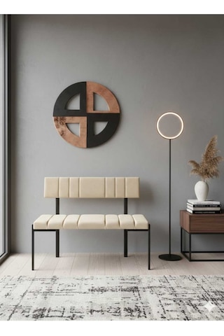 Özcan Metal Metal Siyah Ayaklı Sırtlı Mutfak Salon Antre Yatak Odası Balkon Puf Bank Oturak Bench Bej