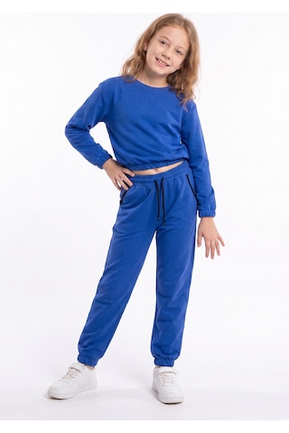 Panios Kids 2'li Yuvarlak Yakalı Beli Lastikli Crop Kesim 4 Parça Kız Çocuk Alt Üst Eşofman Takımı Mavi-lacivert