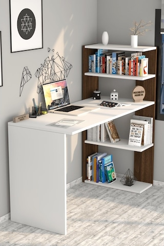 Moonlife Çınar Kitaplıklı Çalışma Masası Beyaz Ceviz Beyaz
