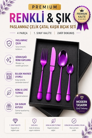 Premium Paslanmaz Çelik Çatal, Kaşık Ve Bıçak Seti Modern Mor Renk 4 Parça