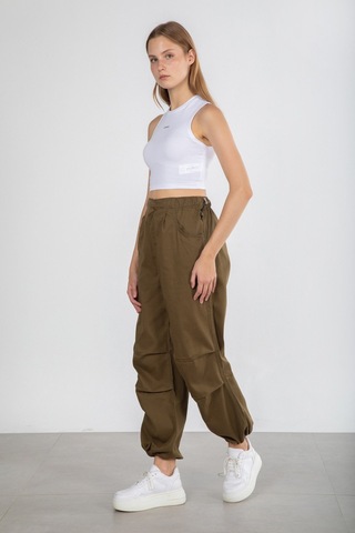 Beli Paçası Lastikli Ipli Gabardin Pantolon - Haki-Haki