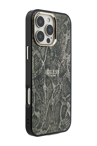 Apple Uyumlu iPhone 16 Pro Max Kılıf Guess Lisanslı M-safe Özellikli Yazı Logolu Python Desenli Kapak Kahverengi