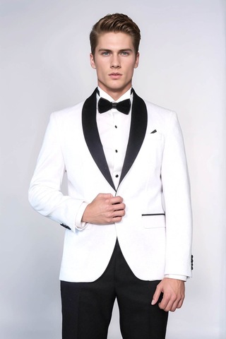 Beyaz Şal Yaka Simli Slim Fit Smokin Ceket - Wessi White