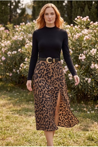 Soulshae Leopar Desenli Yırtmaçlı Kemerli Midi Etek Siyah