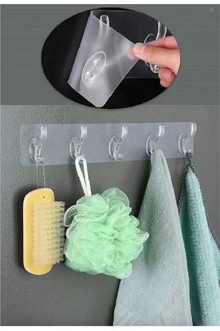 5'li Kendinden Yapışkanlı Güçlü Şeffaf Askılık - Kapı Arkası Mutfak Duvar Banyo Askı Çok Renkli