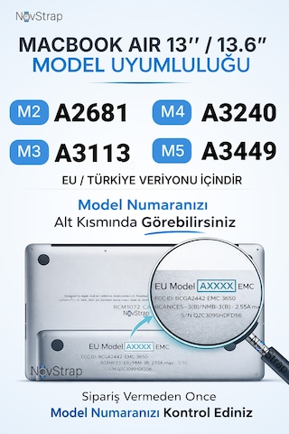 Novstrap Macbook Air 13.6 M2 A2681 M3 A3113 M4 A3240 M5 A3449 İle Uyumlu Türkçe Q Şeffaf Klavye Koruyucu Kılıf Siyah