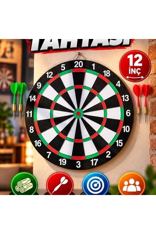 12 İnç Ahşap Dart Tahtası 4 Metal İğne Uçlu Dart Oku Dahil