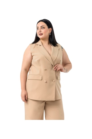 Büyük Beden Kaplama Düğmeli Yelek Pantolon Vizon İkili Takım Vizon