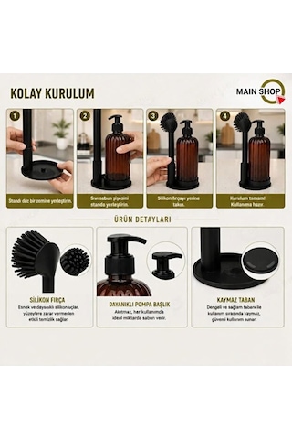 Mainshop Sıvı Sabunluk Yumuşak Silikon Fırçalı Set -bulaşık Deterjanı-çamaşır Suyu - Amber Şişe 500 Ml M-166