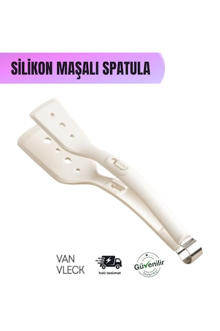 Silikon Maşalı Spatula Isıya Dayanıklı, Kaymaz Saplı, Çok Amaçlı Mutfak Maşası Spatula Krem