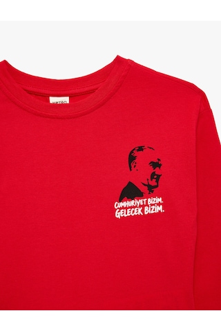 Koton Atatürk Baskılı Cumhuriyet Temalı Pamuklu Bisiklet Yaka Uzun Kollu Tişört Kırmızı 7wmb10178tk
