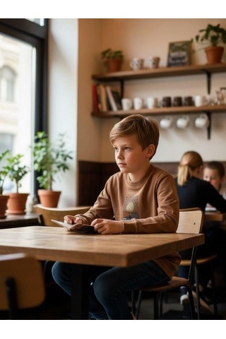 Zekids Erkek Çocuk Pamuklu Manzara Baskılı İnce Uzun Kollu Sweatshirt-16341 Kahverengi