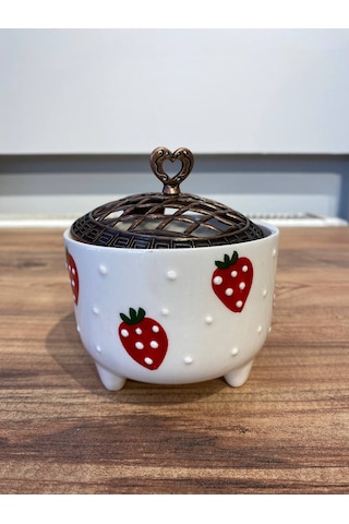 Çilek Desenli El Yapımı Seramik Fincan, Kupa Seti Ve Şekerlik