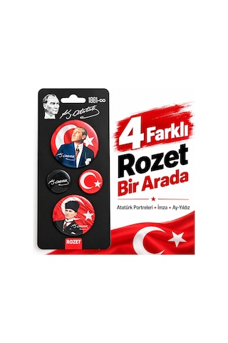 Bakgelal Atatürk Ve Türk Bayrağı Temalı 4'lü Rozet Seti Portre, İmza Ve Ay Yıldız Desenli - 9004275198005 Beyaz - Kırmızı