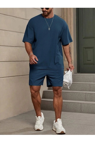 Tarzsokak Manfinity Homme Loose Fit Erkek Düz Renk Düşük Omuz Tişört Ve Şort Takımı Beyaz