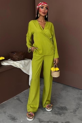 Moderie Butik Kruvaze Model Klasik Pantolonlu Çupra Keten Takım 10191 Yeşi L
