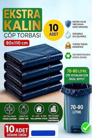 80x110 Cm Extra Kalın Siyah Endüstriyel Çöp Poşeti - 10 Adet / Ağır Hizmet Tipi