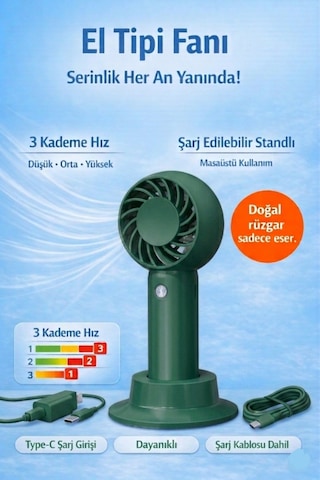 Jasper Sr-0034 Yeşil Taşınabilir Standlı Serinletici Fan 3 Hız Ayarlı , Typ-c Şarjlı Fan Masaüstü Fan Vantilatör 2w-5v/1