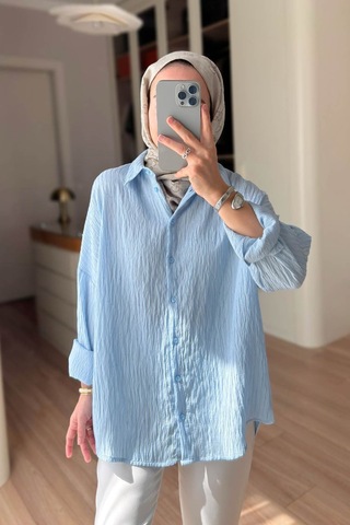 Kahijab Nakışlı Pul Detay Oversize Gömlek - Mavi