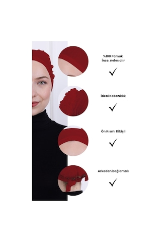 Fırfırlı Önden Dikişli Penye Bone - Kadın Tesettür Bağlamalı Topuz İç Bone-bordo Bordo