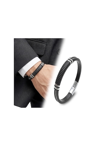 Moncuk Design Siyah Deri Ve 316l Halat Çelik Erkek Bileklik 33514b19d2