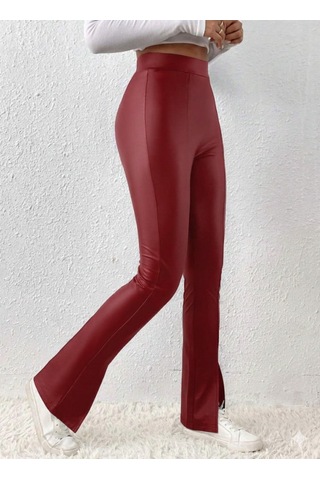 Kadın Yüksek Bel Önden Yırtmaçlı Deri Tayt Kırmızı