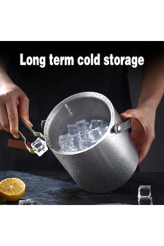 Cordial 1 Adet 3l 304 Paslanmaz Çelik Buz Kovası Kalınlaştırılmış Taşınabilir Kapaklı Çift Katmanlı Yalıtımlı Ev Bar Restoran Kullanımı Ahşap