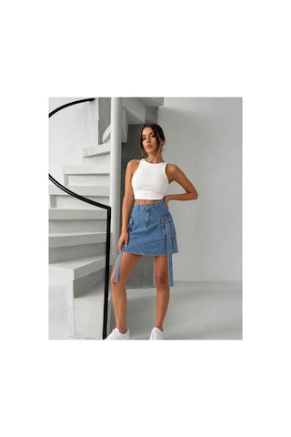 Bluemarlin Mavi Kargo Cep Kuşaklı Denim Kot Etek Mavi