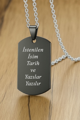 Kişiye Özel İsim Tarih Yazı Yazılı Asker Künyesi Çelik Erkek Bayan Kolye Eck60 Siyah