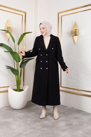 Hb Harma Time Butik Kadın Astarlı Düğmeli Cepli Uzun Siyah Kaşe Kaban