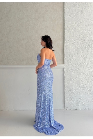 Feminist Bebe Mavi Önü Taş Detaylı Yırtmaçlı Pul Payet Straplez Abiye 0801163.449