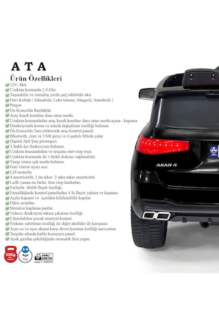Akülü Araba 12 Volt Uzaktan Kumandalı Ata Gt Siyah Deri Koltuk