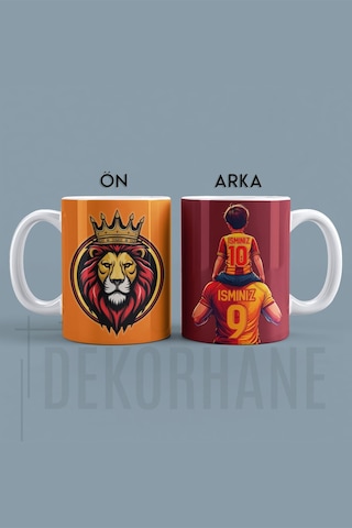 Kişiye Özel Sarı Kırmızı, Taraftar Baba Oğul, Aslan Figür Tasarımlı Baskılı Hediye Kupa Bardak Kırmızı