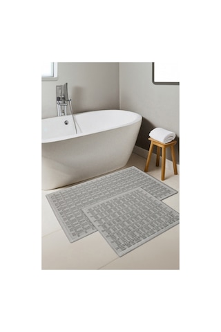 Naturel Pamuklu Kilim Yıkanabilir Banyo Paspası Halısı 2'li Klozet Takımı 60x100-50x60cm Gri
