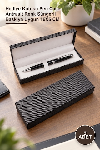 3 Adet Promosyon Kalem Kutusu Hediye Kutusu Pen Case, Antrasit Renk Süngerli Baskıya Uygun 16x5 Cm Diğer