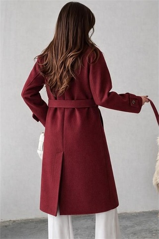 Neşeli Butik Kadın Kuşak Detaylı Astarlı Kaşe Kaban Nbg120 Bordo