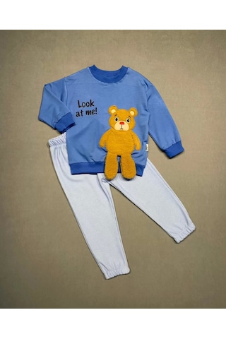 2-3-4 Yaş Ayıcık Sallanan Ayak Desenli Likra Penye Kumaş Sweat Pantolonlu Kız Erkek 2li Çocuk Takımı İndigo