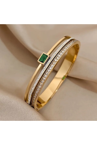 Zümrüt Gold Crystal Zirkon Taşlı Kelepçe Bileklik Gümüş - Altın