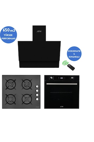 Eminçelik Ve AFM Tech 12 225 + FM7700 + FM3400 Zenon Dijital Turbolu Siyah Ankastre Set