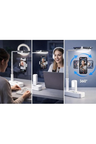 Led Işıklı Selfie Telefon Standı, Ring Light Ve 360 Döner Telefon Tutucu, Kumandalı Şarj Edilebilir Ayarlanabil