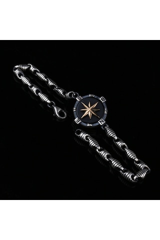 Fkgümüş 925 Ayar Gümüş Oniks Taşlı Pusula Erkek Bilekik Gümüş