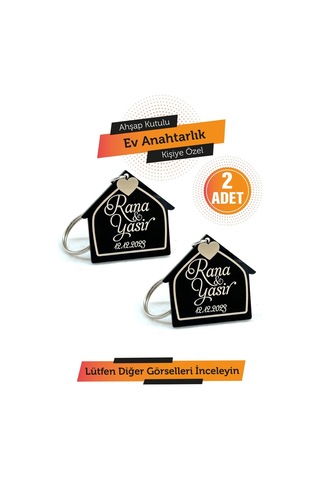 Ev Anahtarlık, 2 Adet Ev Şeklinde Kişiye Özel Araba Anahtarlığı, Özel Hediyelik Ahşap Kutulu,