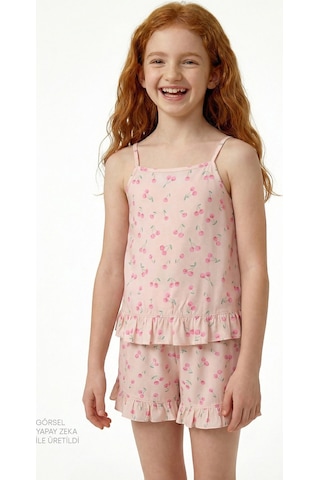 Penti Bej Kız Çocuk Pinky Cherry Pamuklu Pijama Takımı