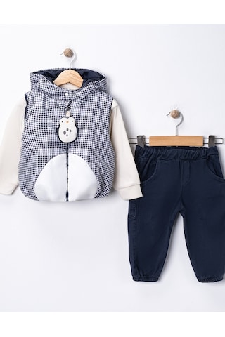 Harika Kids Erkek Bebek 3 Lü Takım 9-24 Ay Şişme Yelek %100 Pamuk Sweatshirt Kadife Pantolon Lacivert