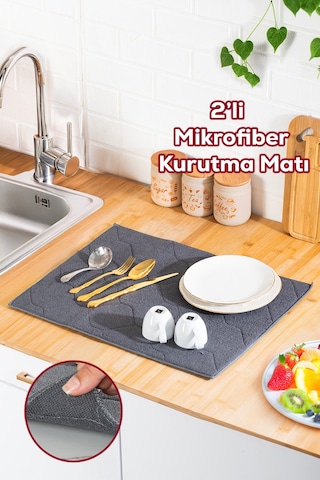 Porsima 3139-3 2li Mikrofiber Tezgah Üstü Kurutma Matı Kurulama Bezi Süper Emici Bulaşıklık Antrasit Antrasit