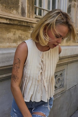 Pileli Bağlamlı Bluz - Natür Natür