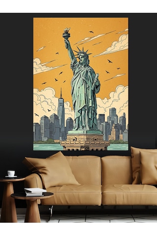Tablo Mega Özgürlük Heykeli New York Manzarası Dekoratif Kanvas - Mdf Ahşap Tablo
